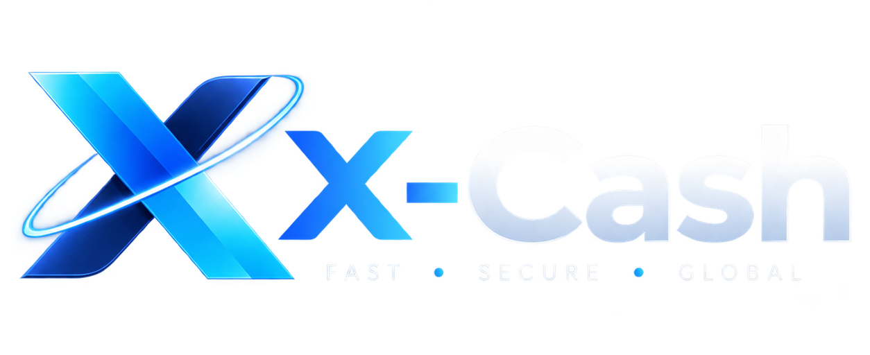 X-Cash fintech logo with blue X symbol and digital payment branding